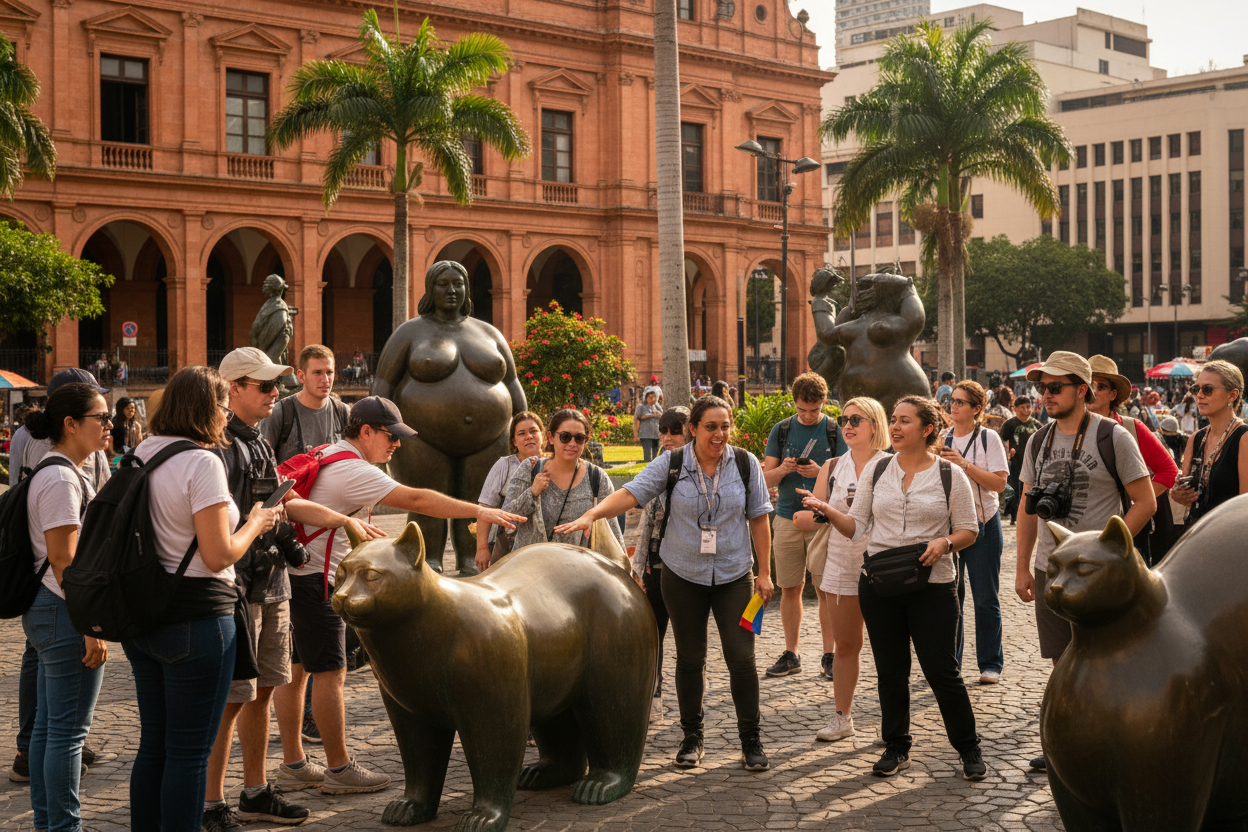 Crea city tour en medellin, de un grupo por la plaza botero de Medellin